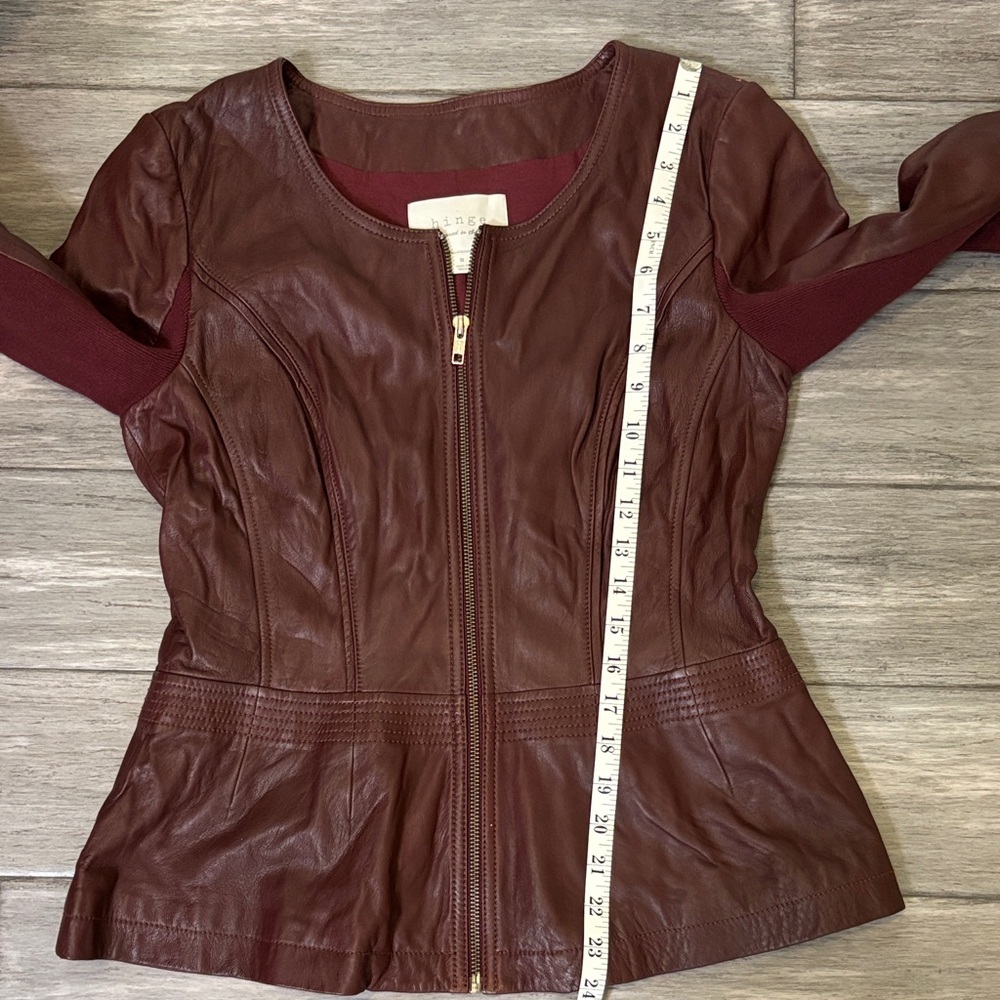 Hinge Leather Peplum Jacket in Deep Maroon Sz Medium - Picture 14 of 15